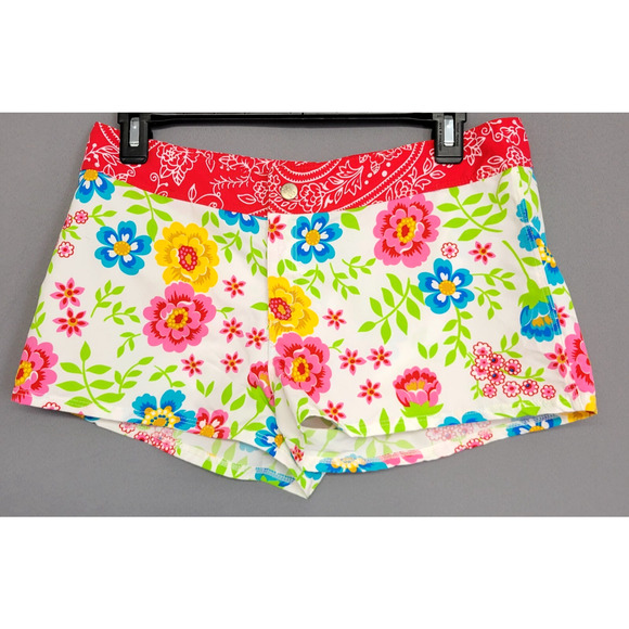 Agua Doce Swimsuit Cover Shorts Womens Small Red White Floral Snap Pocket New - Picture 1 of 12